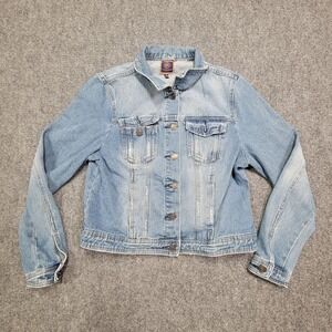 BoomBoom Jeans Jacket Womens Large Blue Denim Button Up Distressed‎ Classic Coat